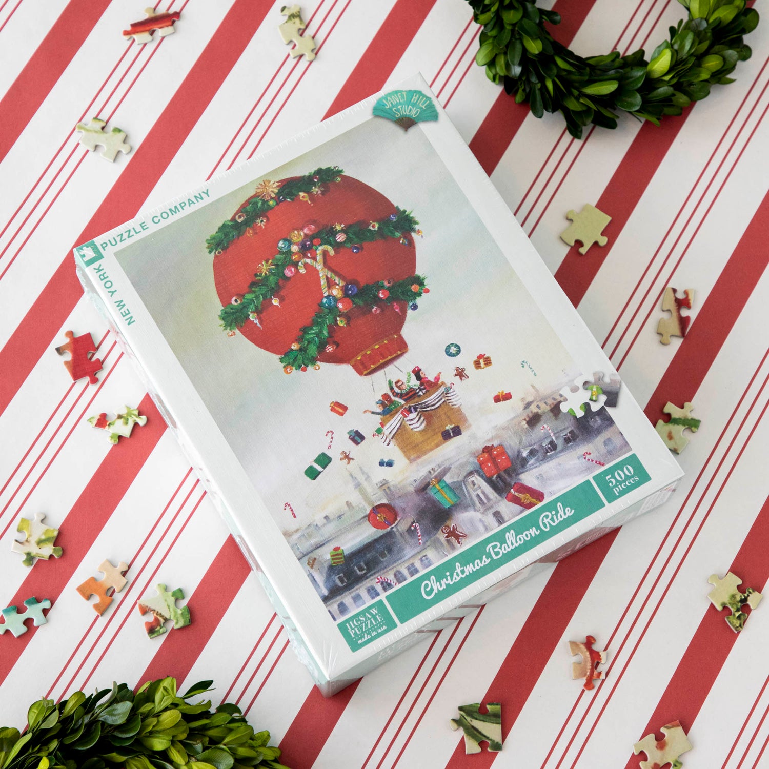 The Christmas Balloon Ride puzzle box on a table. 