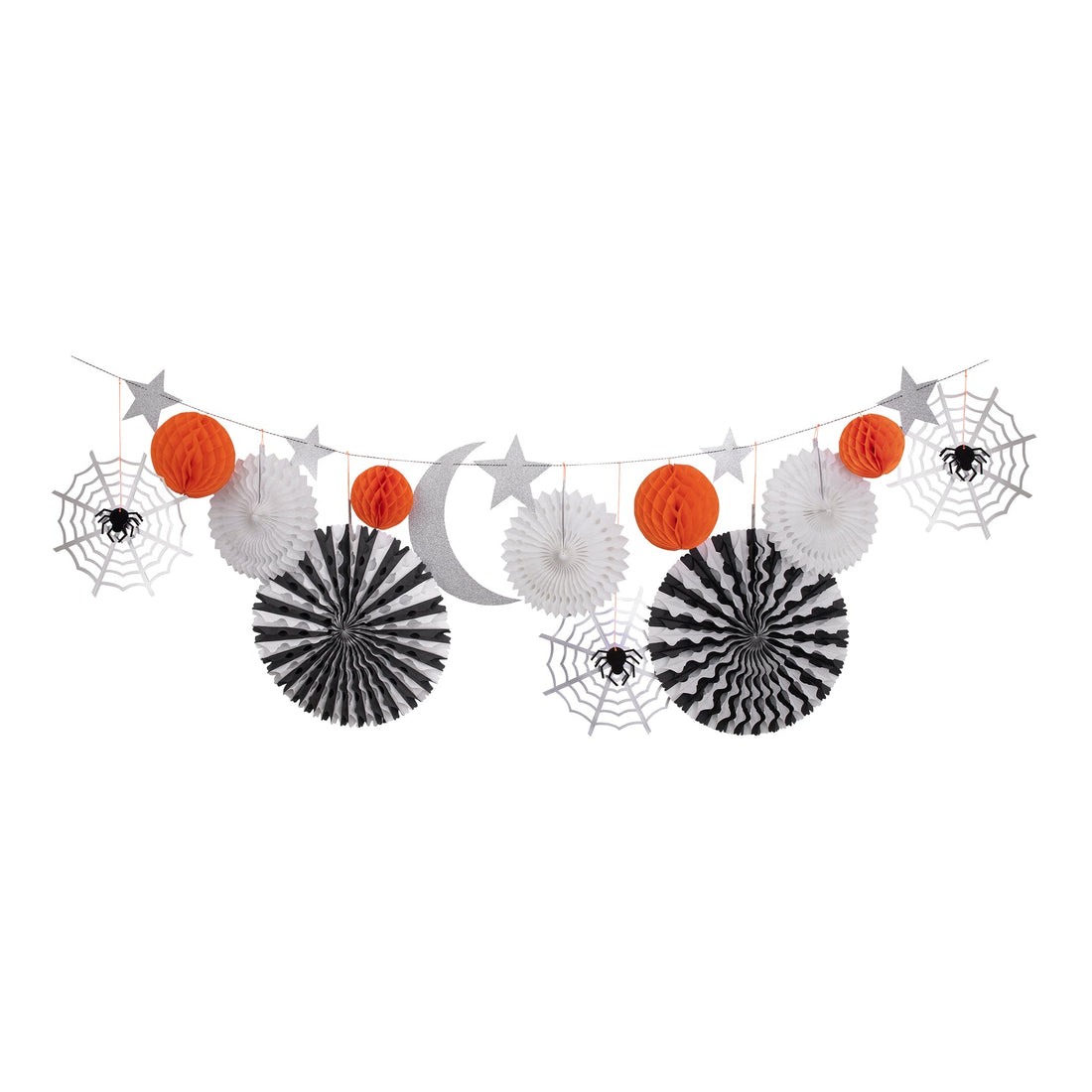 A garland with a combination of stars, cobwebs, spiders, pinwheels, a crescent moon, honeycomb balls and lots of shimmering glitter