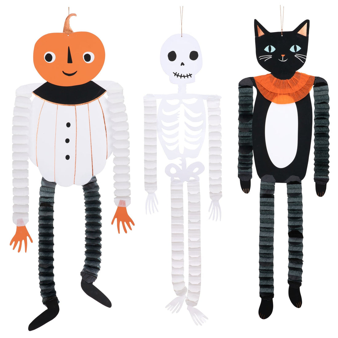 3 happy Halloween icons - a skeleton, black cat and pumpkin - with amusing dangling honeycomb legs and arms.
