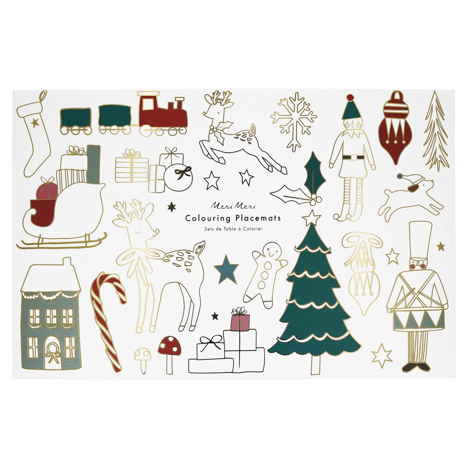 Christmas coloring placemats that include coloring sheets for kids, with fabulous goid foil illustrations.