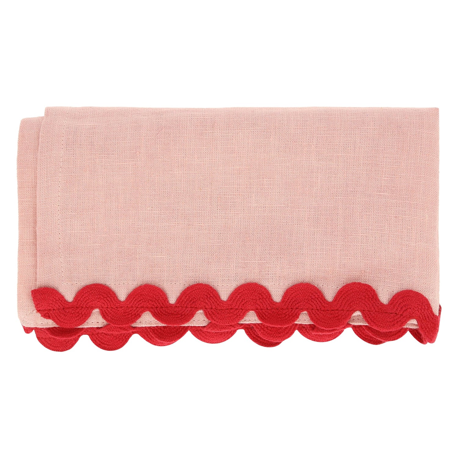 Pink ric rac napkin with red trim. 