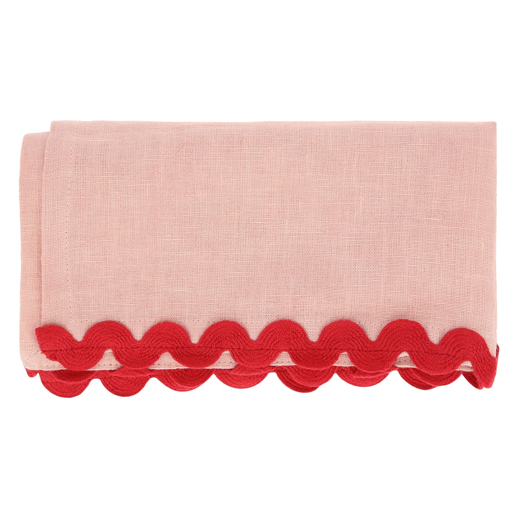 Pink ric rac napkin with red trim. 
