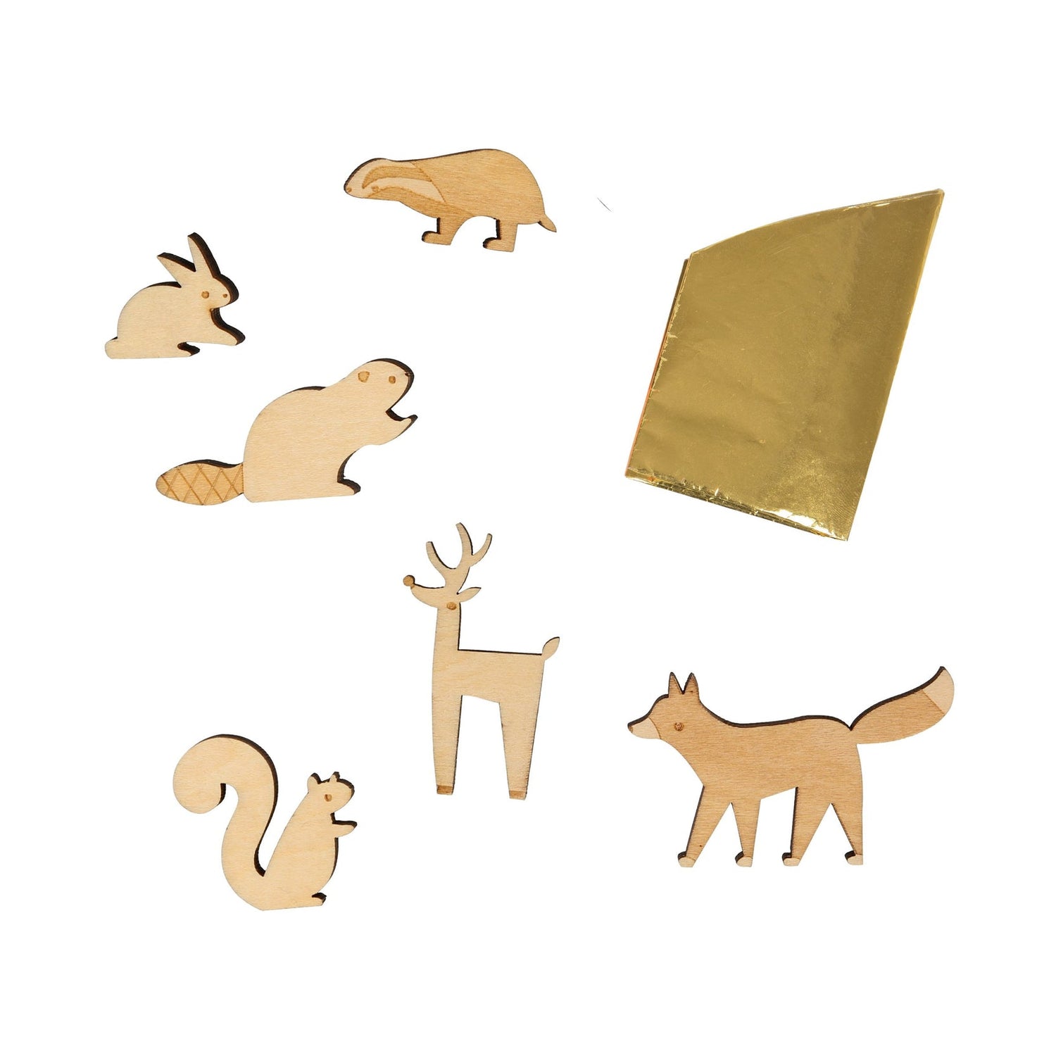 A paper hat and 6 stand-up etched wooden animal characters -  a badger, reindeer, squirrel, fox, rabbit and beaver