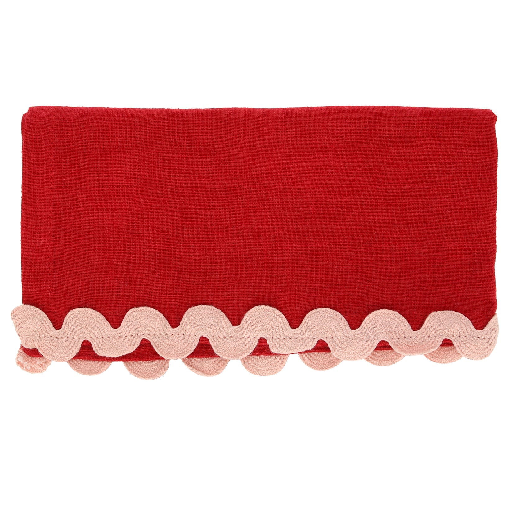 Red ric rac napkin with pink trim.
