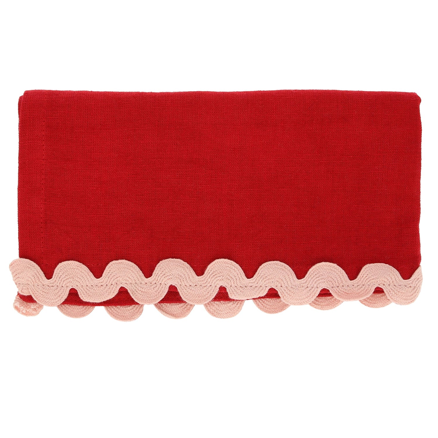 Red ric rac napkin with pink trim. 