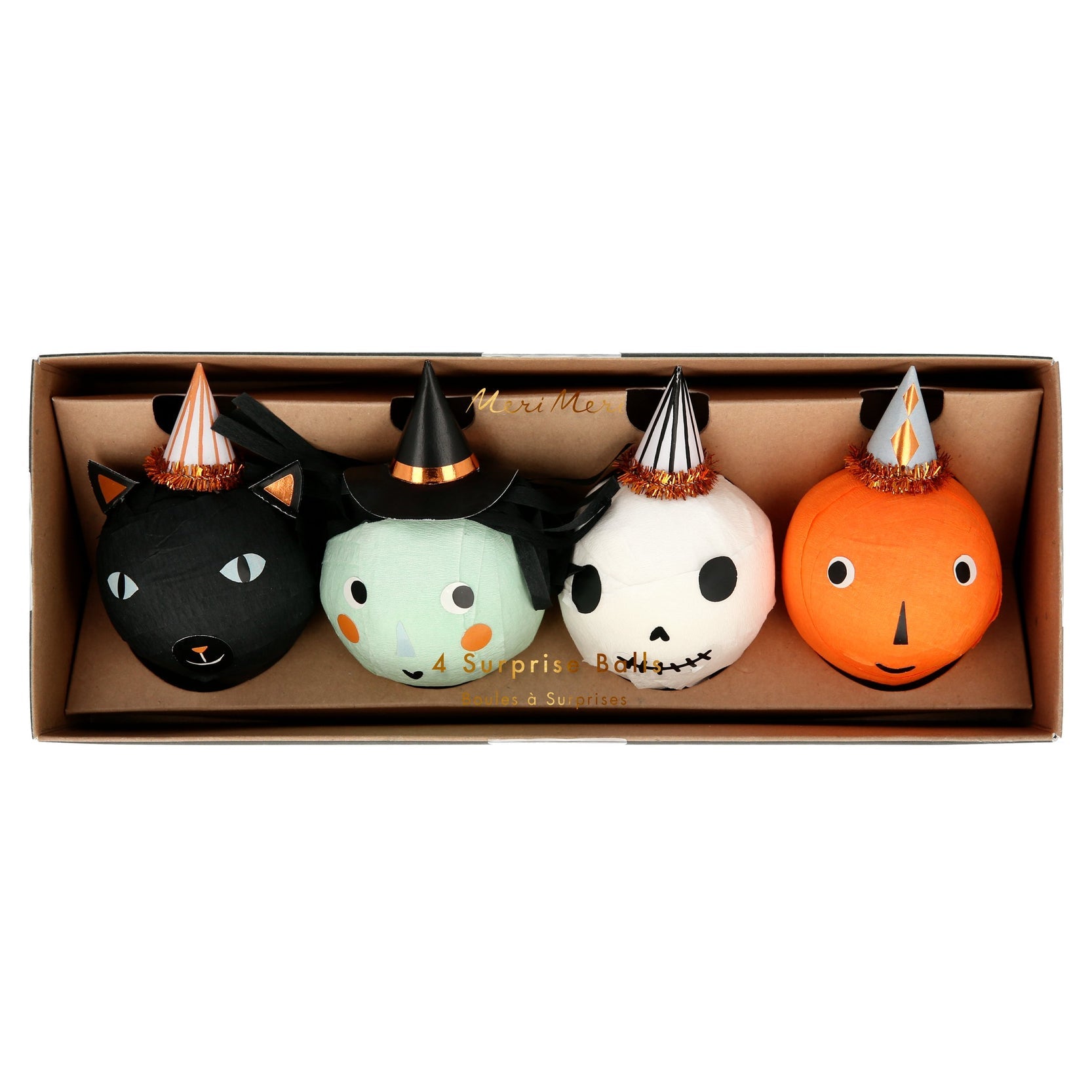 Package with a witch, skull, black cat and pumpkin surprise balls, all with charming little hats with copper foil detail.