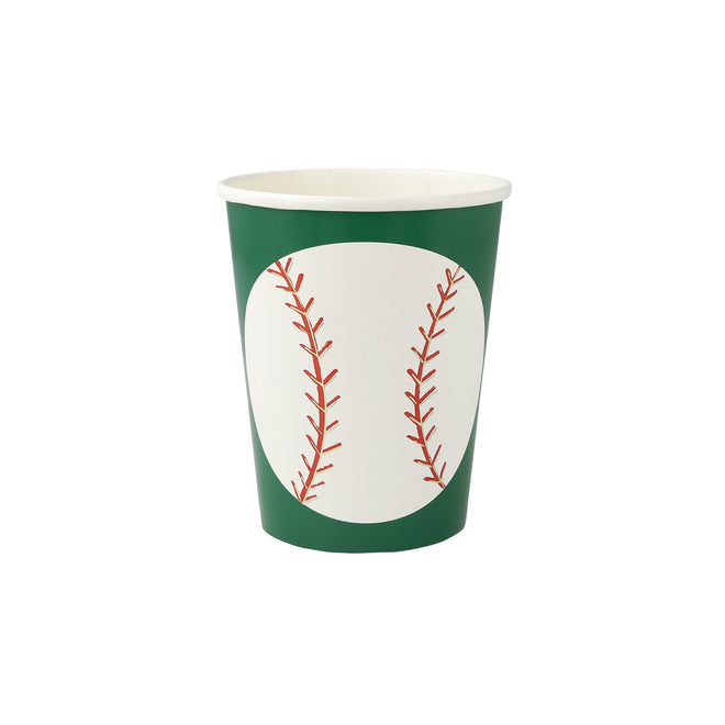 A paper cup with a green rim and white base resembling a baseball with red stitching.