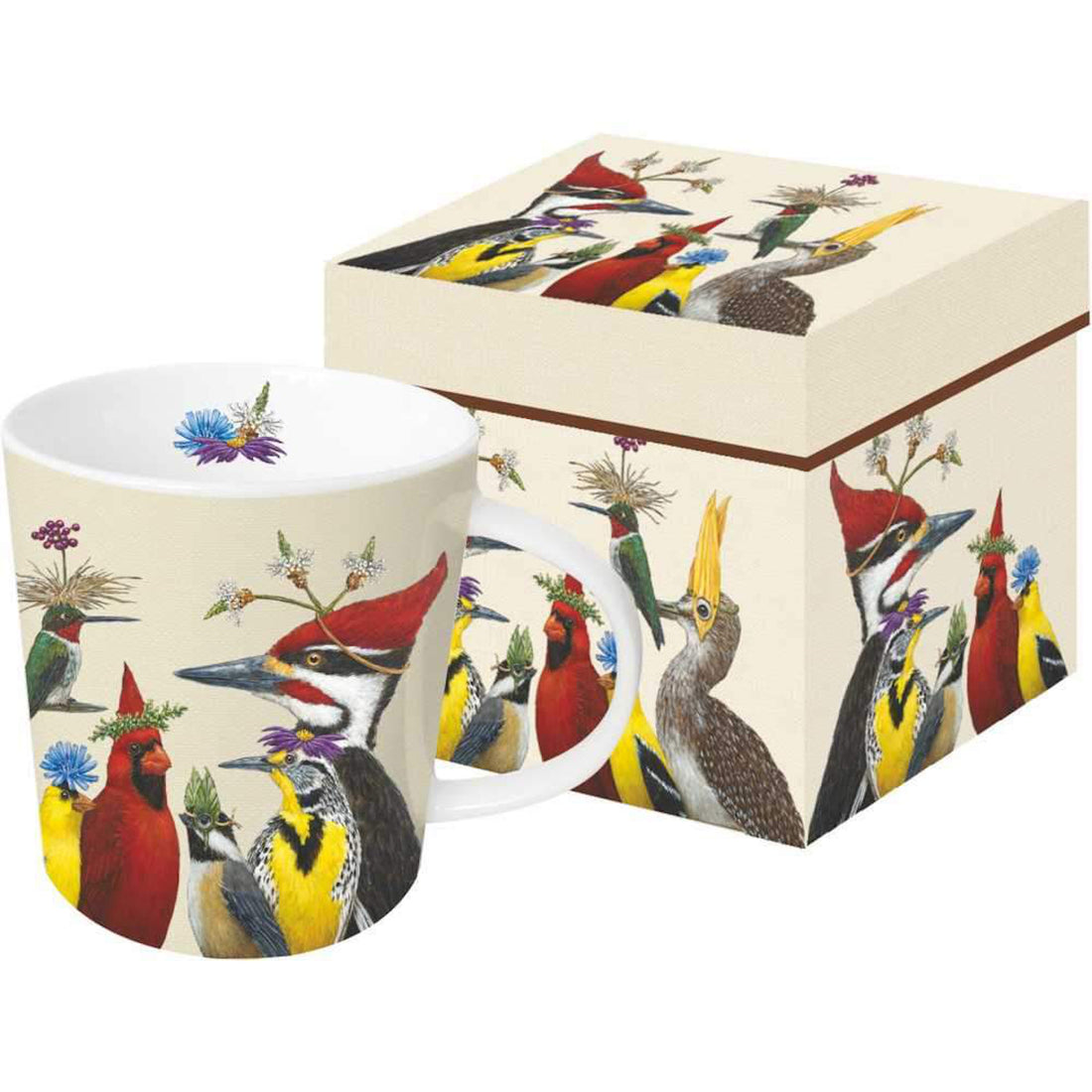 A multicolored mug with a bird design, presented next to a decorative gift box, art by Vicki Sawyer.