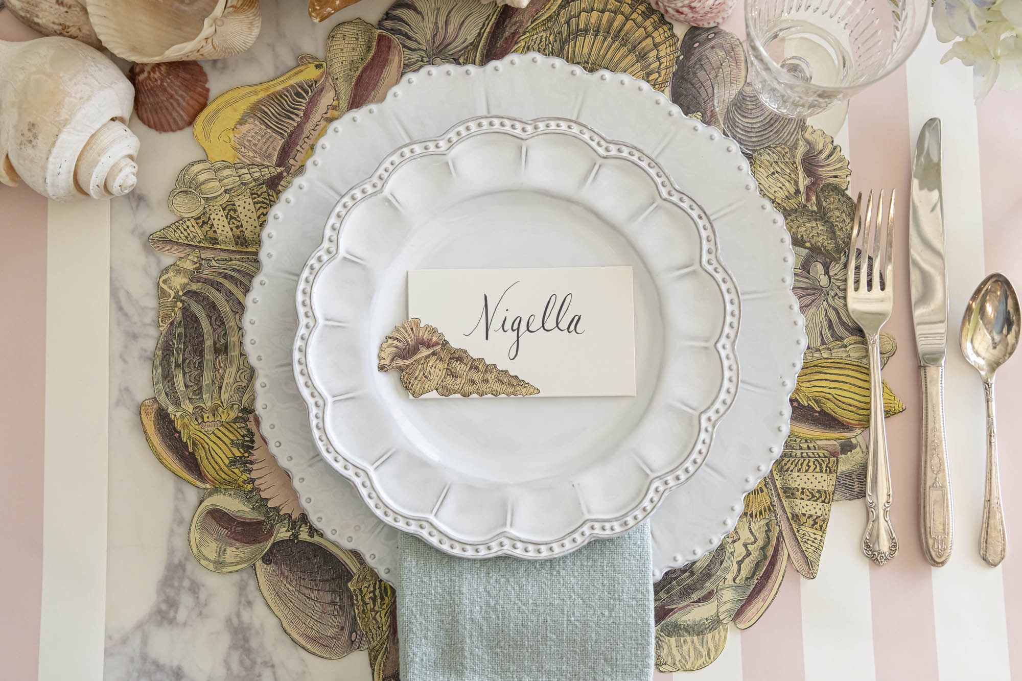 Shell Study Story products styled on a nautical themed table setting.