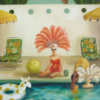 A framed print of a woman sitting by a pool, crafted by fine artist Janet Hill.