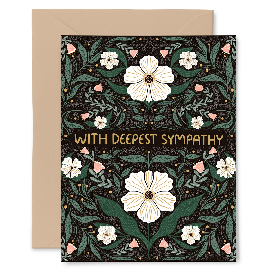 With Deepest Sympathy card featuring a black background with white and pink flowers.  Printed in gold foil &quot;with deepest sympathy&quot;. 