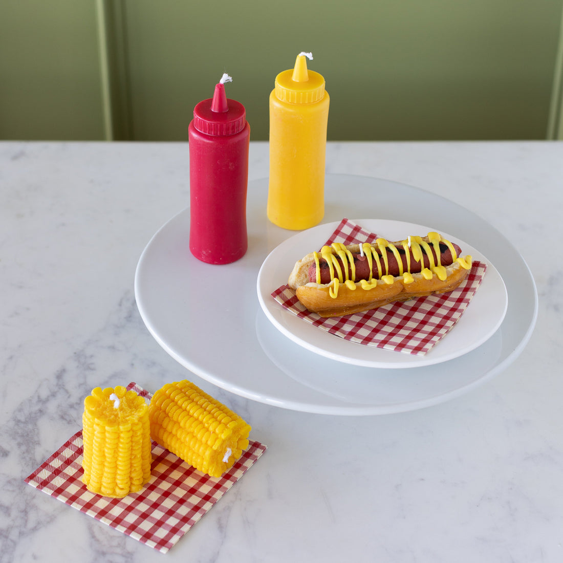 Ketchup and Mustard Food Candle Set paired with the Hot Dog Candle and Corn on the Cob Candles.