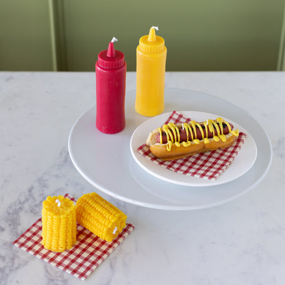 Ketchup and Mustard Food Candle Set paired with the Hot Dog Candle and Corn on the Cob Candles.