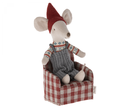 A Maileg Mouse Chair in red and white checkered design on a black background.