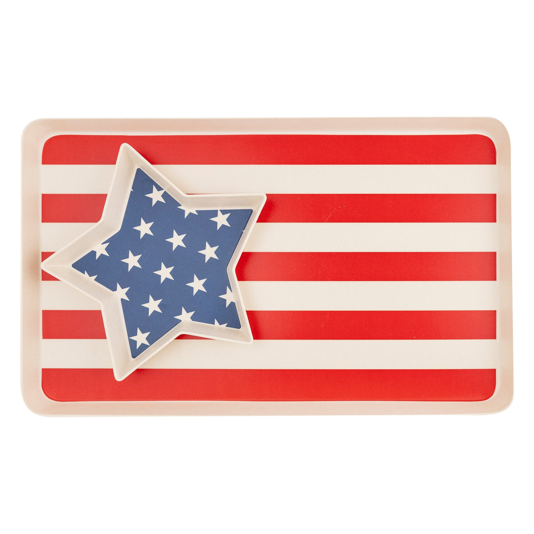 American Flag Reusable Tray Set made of bamboo.  Rectangle tray with red and white stripe.  Star shaped tray resting on top with white stars inside on a blue background. 