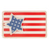 American Flag Reusable Tray Set made of bamboo.  Rectangle tray with red and white stripe.  Star shaped tray resting on top with white stars inside on a blue background. 