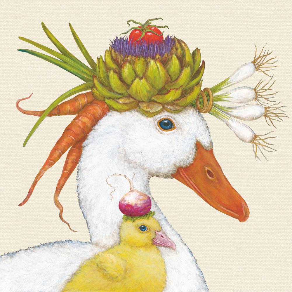 Paper napkin with artwork by Vicki Sawyer featuring a duck and a baby chick with vegetables on their heads. 