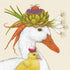 Paper napkin with artwork by Vicki Sawyer featuring a duck and a baby chick with vegetables on their heads. 