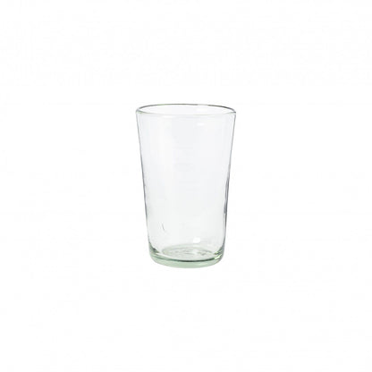Three empty Margarida Recycled Glasses vessels of varying heights and shapes, made by Casafina Living, rest on a white surface.