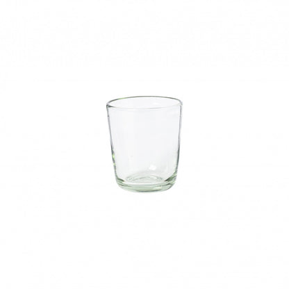Three empty Margarida Recycled Glasses vessels of varying heights and shapes, made by Casafina Living, rest on a white surface.