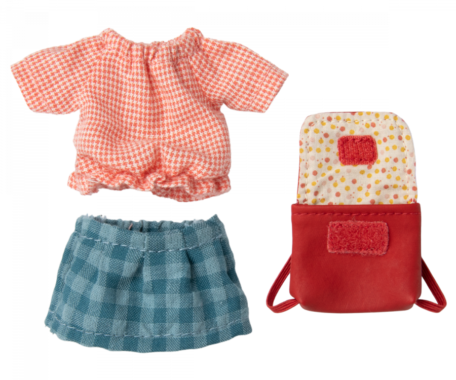 A Tricycle Mouse, Big Sister with Bag wearing a kindergarten dress by Maileg.