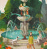A painting by Janet Hill, a Canadian fine artist, of two women and a dalmatian dog by a garden fountain surrounded by lush greenery and vibrant flowers, created using Epson Ultrachrome archival inks.