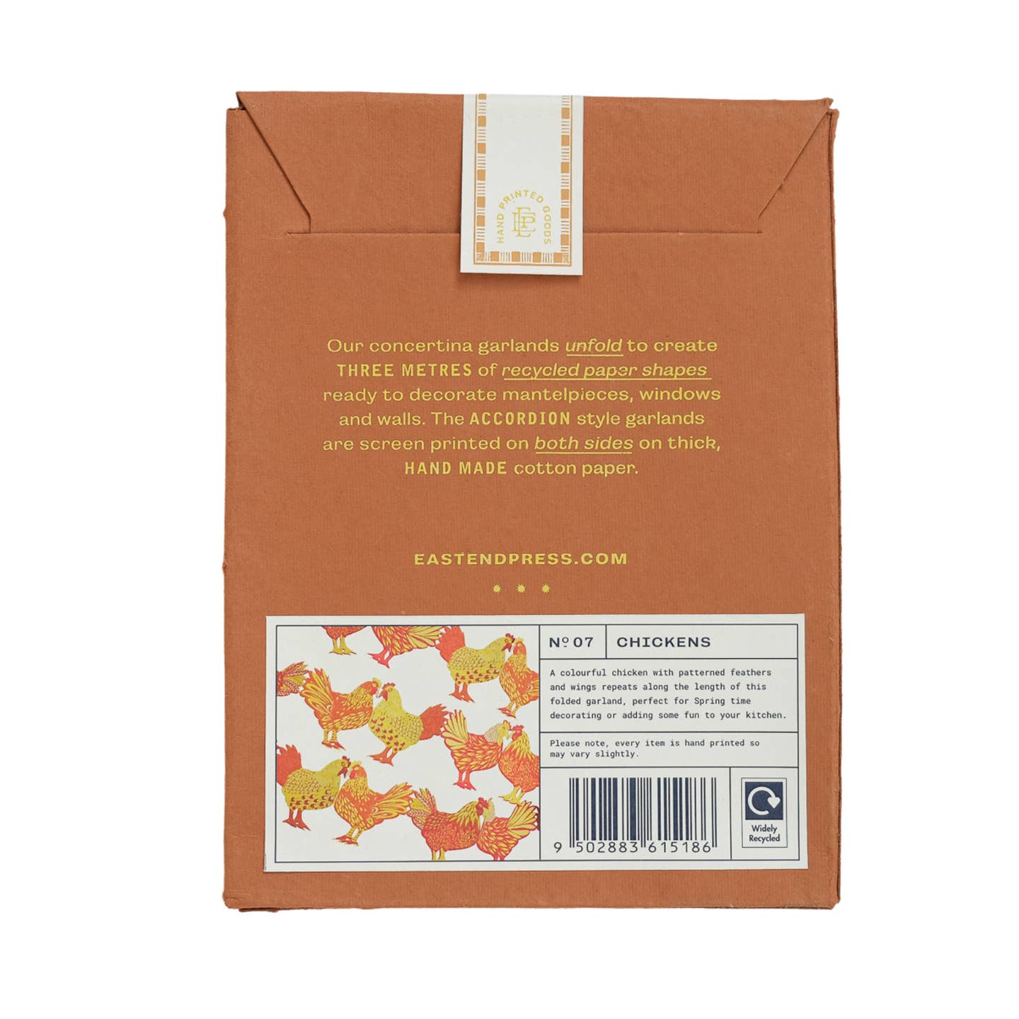 Back of package of the chickens concertina garland. 