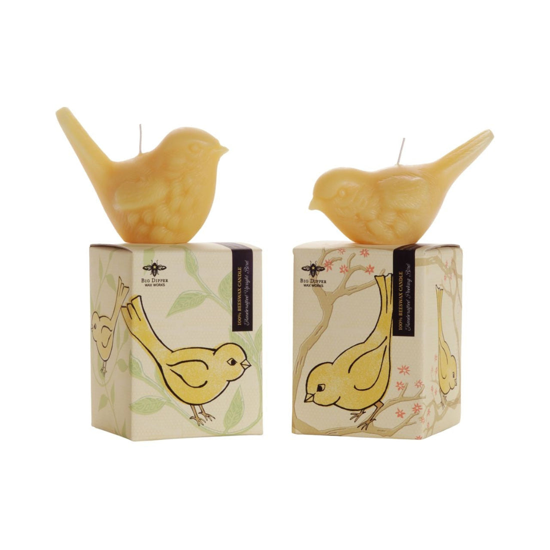 Two hand-casted Beeswax Songbirds Candles adorned with birds by Big Dipper Wax Works.