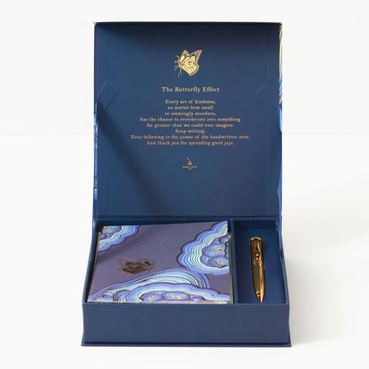 The Butterfly Effect card set featuring blue artwork with a gold butterfly on it. 
