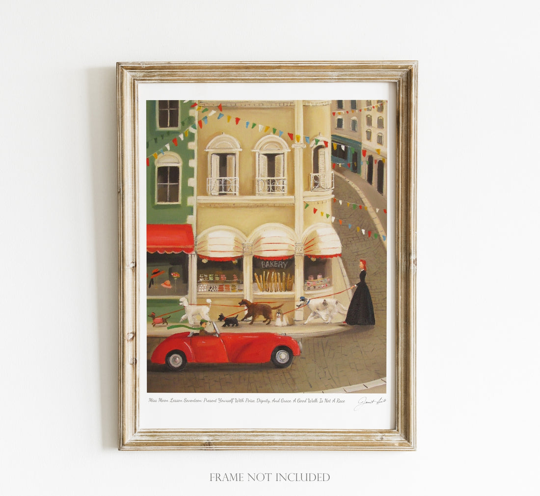 Art print featuring Janet Hills painting depicting a city street where a woman is walking a line of dogs all in a row in front of a bakery. 