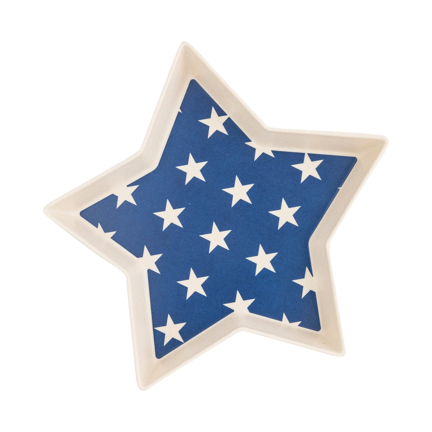 Star shaped tray with blue background and white stars inside. 