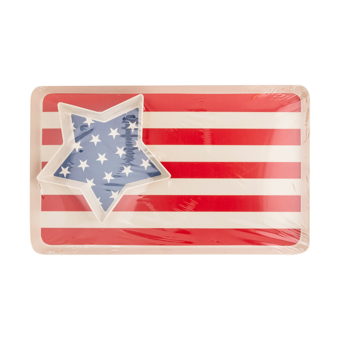 American Flag Reusable Tray Set made of bamboo.  Rectangle tray with red and white stripe.  Star shaped tray resting on top with white stars inside on a blue background. 