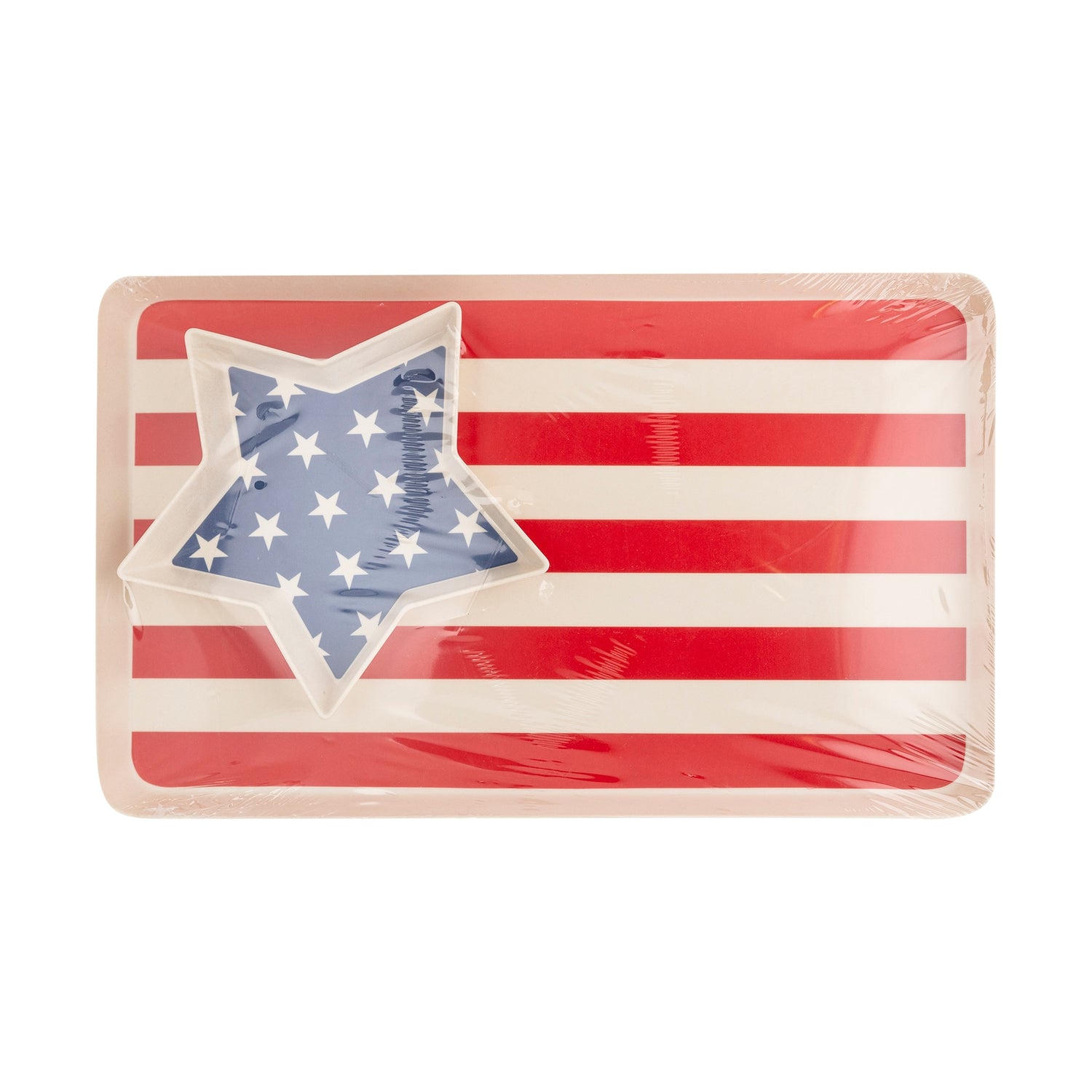 American Flag Reusable Tray Set made of bamboo.  Rectangle tray with red and white stripe.  Star shaped tray resting on top with white stars inside on a blue background. 