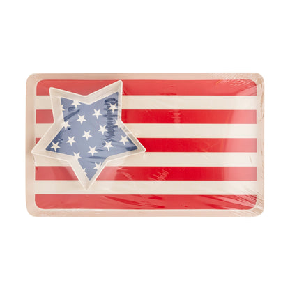 American Flag Reusable Tray Set made of bamboo.  Rectangle tray with red and white stripe.  Star shaped tray resting on top with white stars inside on a blue background. 