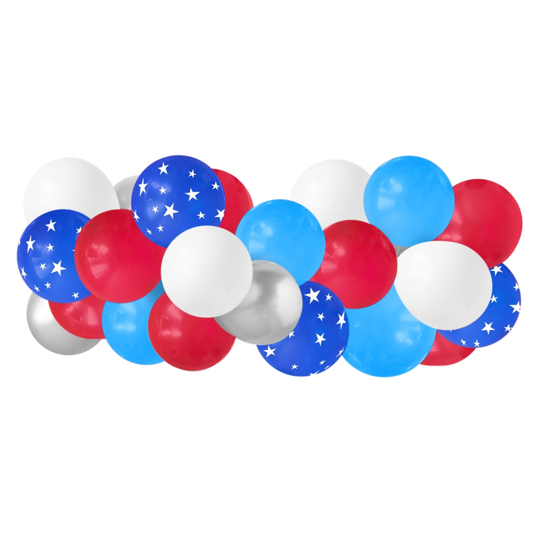 Red, white and blue colored balloons attached together to form a garland. 