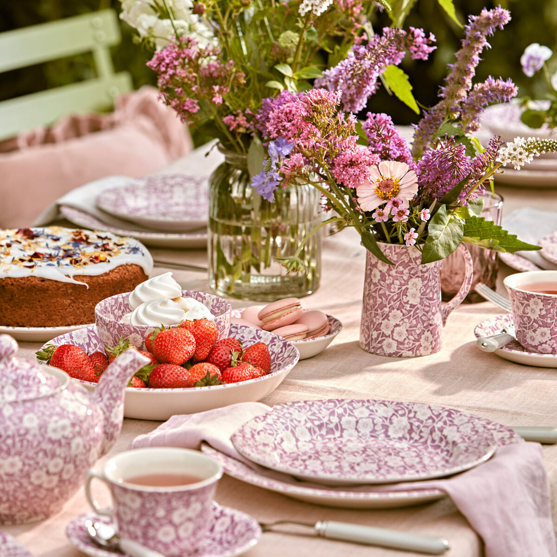 Table setting with various pieces of Burleigh Blossom Calico. 