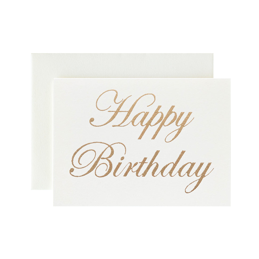 Ivory Happy Birthday Card by Catherine Greenup of &quot;Happy Birthday&quot; in gold leaf lettering, on an ivory card with a matching envelope.
