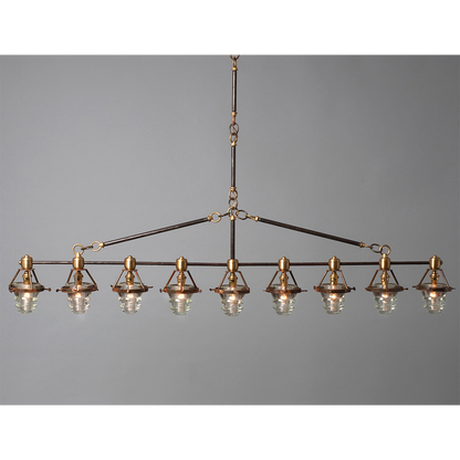 A Telegraph Pendant Lighting with four glass shades and antique insulators hanging from a brass frame. (Brand Name: Hester &amp; Cook)