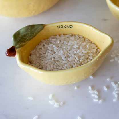 A close up of the 1/3 measuring cup showing the rice inside, 1/3 text, and the green leaf and brown stem.