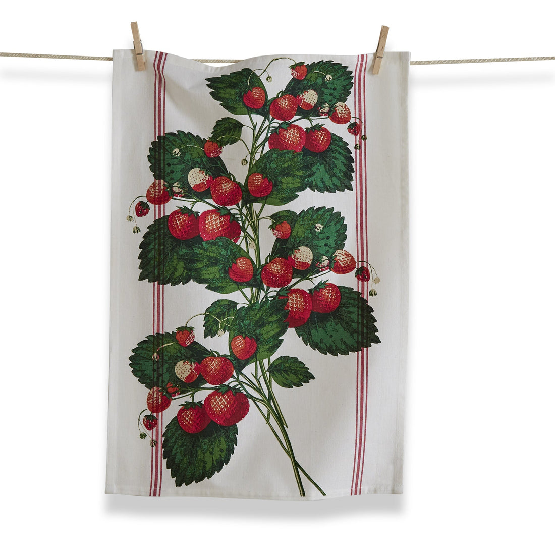 Orchard Strawberries Dishtowel featuring a design of red chambray stripe and a bushel of strawberries on a vine.