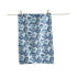 Oyster Dishtowel hanging on a clothes line, featuring screenprinted images of blue oysters.