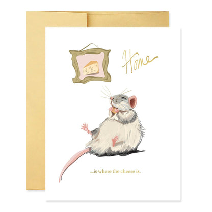 Home is where the cheese is greeting card by Good Juju with a drawing of a mouse eating cheese. 