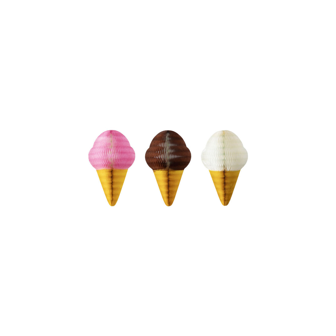 Honeycomb Small Ice Cream Cone Set of 3 in strawberry, chocolate and vanilla.