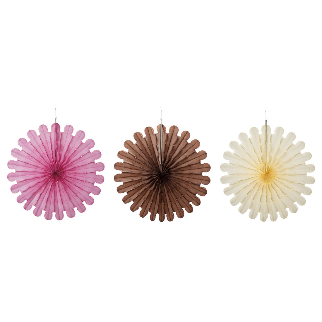 Honeycomb Celebration Fan Set of 3 in pink, brown &amp; white.