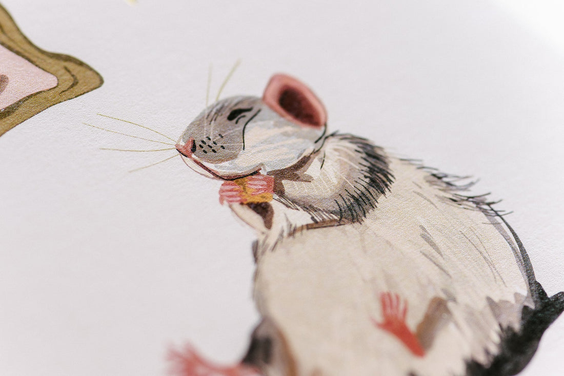 Close up detail of mouse artwork on card. 