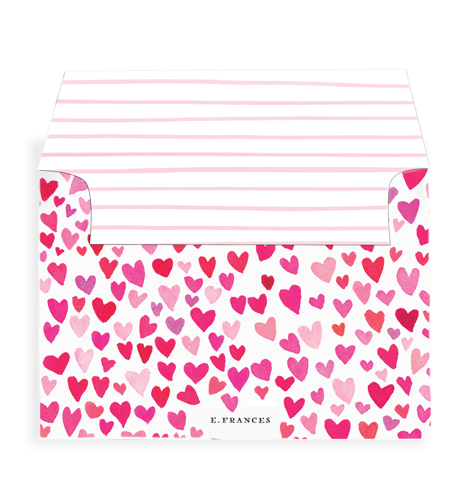 envelope with illustrated hearts all over the back of it and lined inside with pink stripes