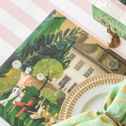 Close-up of the left side of the High Kick Placemat with a plate covering the other side, showing the vibrant artwork of a vintage party.