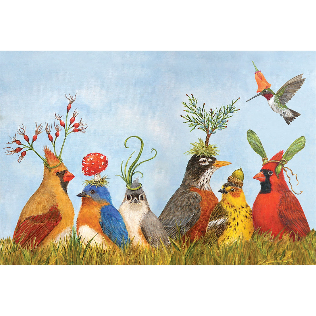 An illustration of a group of birds, wearing hats made of foliage, in grass with a blue sky background.