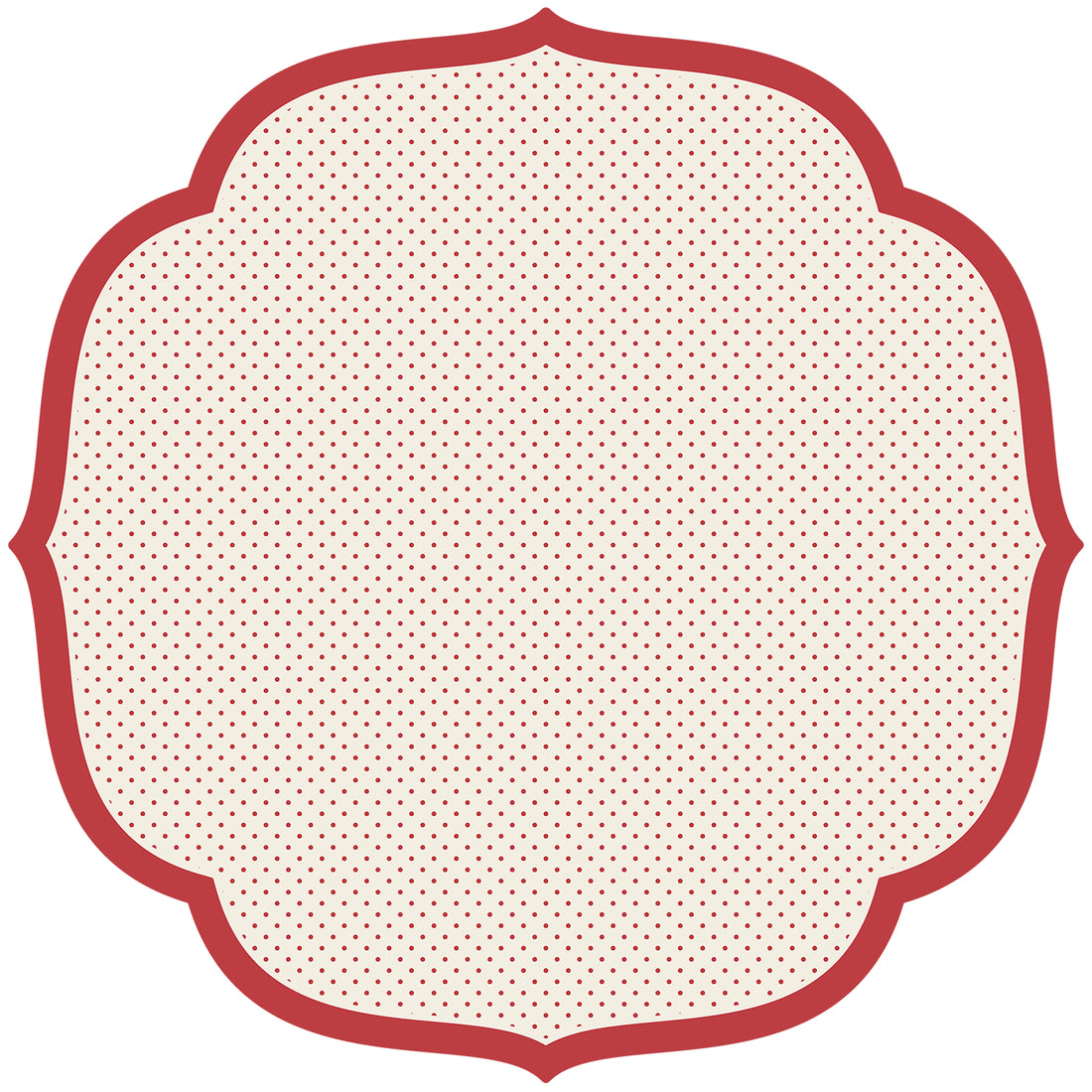 A die-cut paper placemat with four beveled sides outlined in red, the middle filled with small, evenly-spaced red dots on a white background.