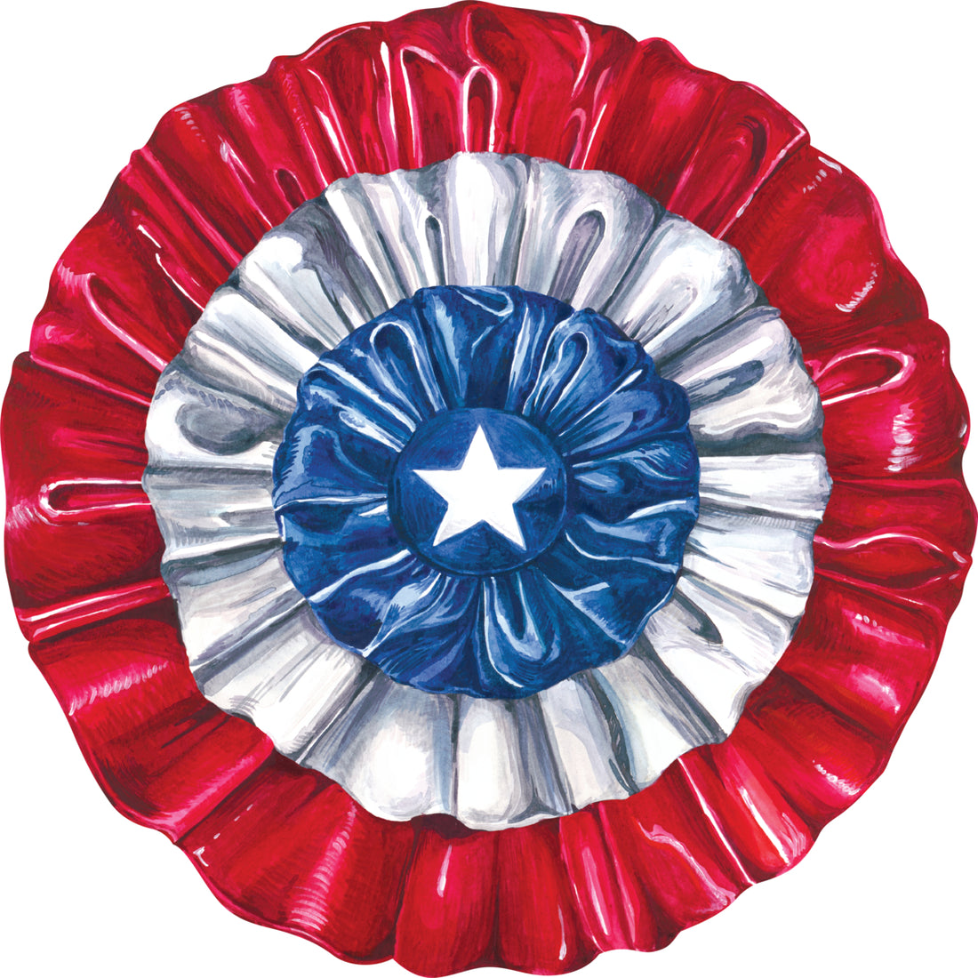 A die-cut round illustration of pleated ribbons in concentric rings: bright red around the edge, white in the middle, blue in the center with a white star.